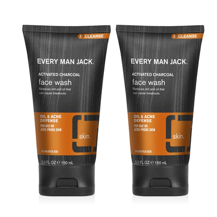 Every Man Jack Activated Charcoal Oil and Acne Defense Skin Clearing Face Wash For Men - Deeply Cleanse Pores and Prevent Acne Breakouts with Salicylic Acid + Coconut Oil - 5 oz Mens Face Wash - 2pack