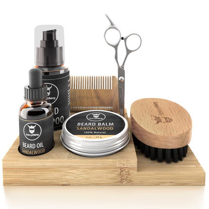 Striking Viking Beard Grooming Kit for Men with Shampoo Oil Balm Brush Wooden Comb Mustache Scissors - 7-Piece Sandalwood Caddy for Beard Growth