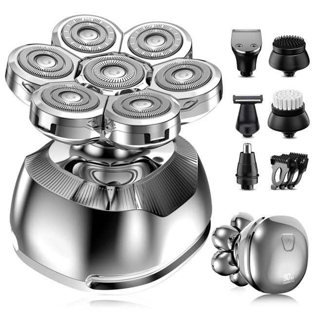 Head Shaver for Bald MenElectric Shavers for Bald HeadCordless Men Electric Razor for Head Face ShavingWet Dry 7-Head Shaver for Men WaterproofGift for Man Rechargeable Grooming KitSilver