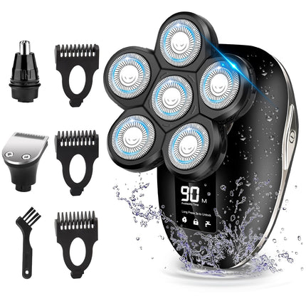 Electric Head Shaver for Bald Men 6 in 1 Mens Electric Head Razor Bald Head Shaver Cordless Electric Razor Men IPX7 Wet/Dry Waterproof Mens Rotary with Head Shaver Kit LED Display Silver
