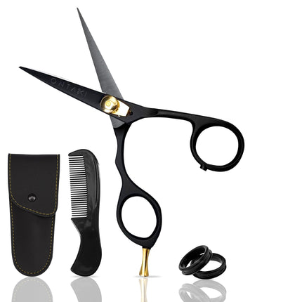 ONTAKI 5.5” Japanese Steel Beard Scissors & Mustache Scissors - Ergonomic Bent Handles Design Beard Scissors for Men with 1 Comb & Carrying Pouch Hand Forged Facial Hair (Ergonomic Black (Left Hand))