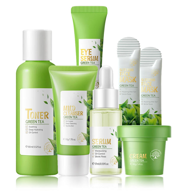 Skin Care Products Set Green Tea Skin Care Sets Women Gift Sets Skin Care Routine Kit with Toner Serum Face Cream Eye Cream Cleanser Sleep MaskKorean Beauty Products (SetD)