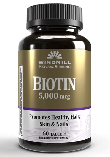 Windmill Natural Vitamins Biotin 5000 mcg Supports Healthy Hair Skin & Nails Metabolism Booster 60 Count 60 Servings