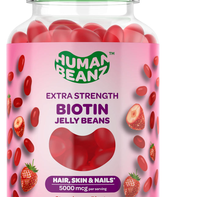 Human Beanz Biotin Jelly Bean Gummy Vitamins Extra Strength Biotin for Hair Skin and Nails 5000mcg per Serving Hair Growth Vitamins for Men and Women 120 Strawberry Blast Jelly Beans Kosher