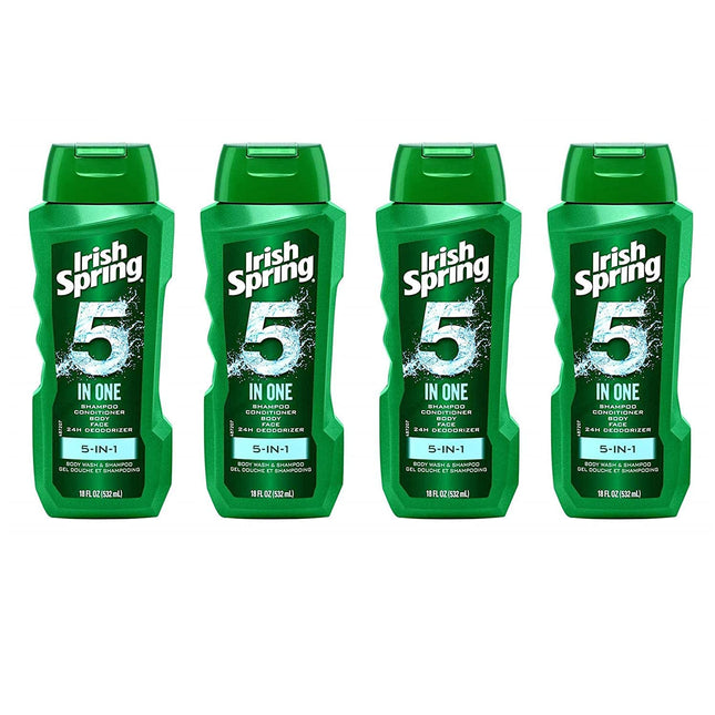 Irish-Spring 5-in-1 Shampoo Conditioner Body Wash Face Wash and Deodorizer 18 oz (Pack of 4)