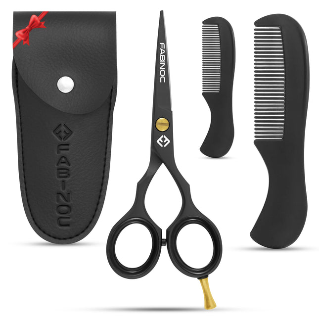 FABINOC Beard and Mustache Scissors for Men 5" with 2 Combs & Pouch – German Quality Stainless Steel Hand-Forged Grooming Scissors for Facial Hair Trimming (Black)