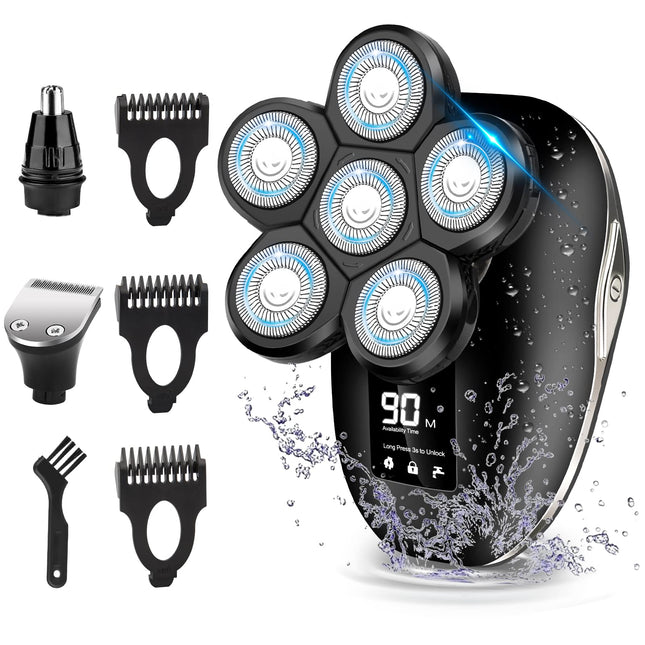 Electric Head Shaver for Bald Men 6 in 1 Mens Electric Head Razor Bald Head Shaver Cordless Electric Razor Men IPX7 Wet/Dry Waterproof Mens Rotary with Head Shaver Kit LED Display Silver