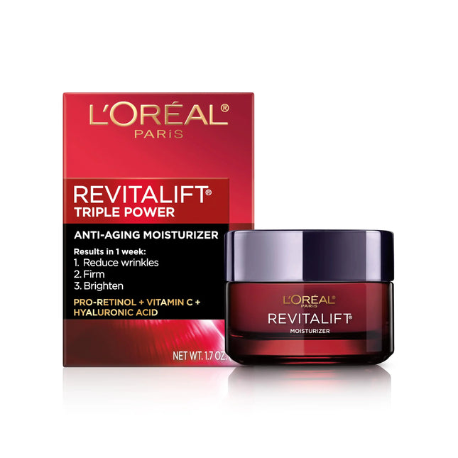 LOreal Paris Revitalift Triple Power Anti-Aging Face Moisturizer Pro Retinol Hyaluronic Acid & Vitamin C to Reduce Wrinkles Firm & Brighten Skin 1.7 Oz