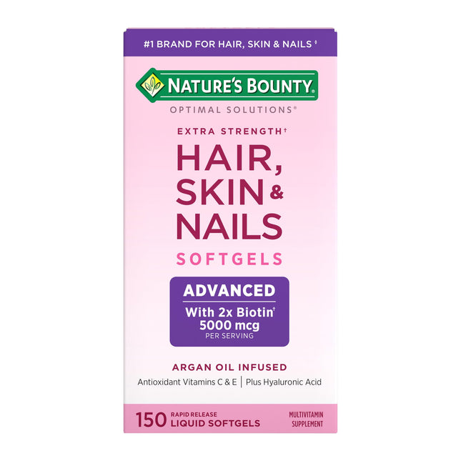 Natures Bounty Advanced Hair Skin & Nails Argan-Infused Vitamin Supplement with Biotin and Hyaluronic Acid 150 Rapid Release Softgels