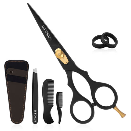 5.5” Durable Hair Scissors for Mustache & Beard German Stainless Steel Black Mustache Scissors Facial Hair Cutting Scissors Come with Gorgeous Pouch Tweezers Beard Comb and Mustache Comb.