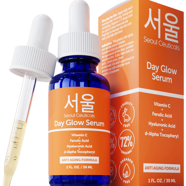 Seoul Ceuticals Korean Skin Care 20% Vitamin C Hyaluronic Acid Serum + CE Ferulic Acid - Potent Anti Aging Anti Wrinkle Korean Beauty 1oz