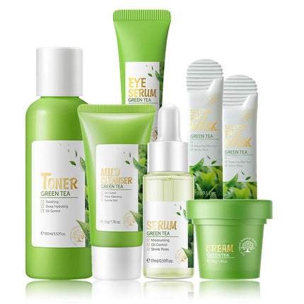 Skin Care Products Set Green Tea Skin Care Sets Women Gift Sets Skin Care Routine Kit with Toner Serum Face Cream Eye Cream Cleanser Sleep MaskKorean Beauty Products (SetD)