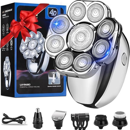 Upgrade Head Shavers for Bald MenHead Shaver 9D 6-in-1 Electric Razor Grooming Kit with Nose Hair Trimmer Waterproof Wet/Dry Shaver LED Display Rechargeable Bald Head Razor Gift for Men （silver）