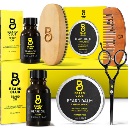 The Beard Club Beard Kit for Men - Beard Grooming Kit & Beard Care Kit - Cedar Beard Oil Sandalwood Beard Oil Sandalwood Beard Balm Beard Comb Beard Brush Beard Trimming Scissors - Gift Set