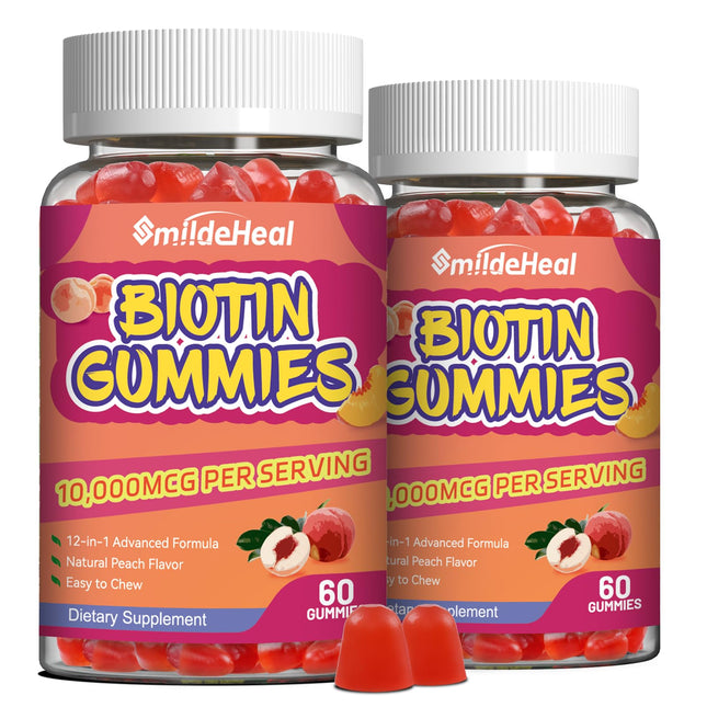 SmildeHeal 2 Pack Biotin Gummies for Hair Growth 10000 mcg Hair Skin and Nails Gummies with Folic Acid Vitamins A B C E & D Vegan biotin Vitamins for Women & Men 120 Gummies