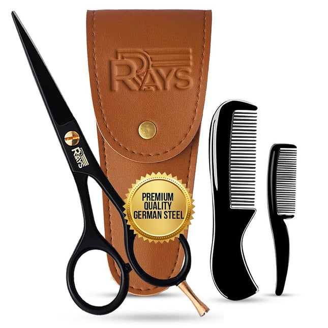 5 Beard Scissors for Men- German Mustache Scissors with Berad & Mustache Comb- Beard Trimming Scissors with Travel Pouch- Mustache Grooming kit for men Facial Hair Styling-Mustache Trimmer.