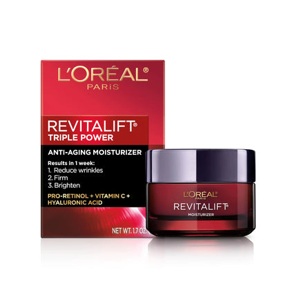 LOreal Paris Revitalift Triple Power Anti-Aging Face Moisturizer Pro Retinol Hyaluronic Acid & Vitamin C to Reduce Wrinkles Firm & Brighten Skin 1.7 Oz