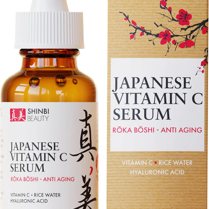 Shinbi Beauty Japanese Vitamin C Serum With Rice Water + Hyaluronic Acid - Japan Skincare Products for Anti Aging Anti Wrinkle J Beauty Glow 1oz
